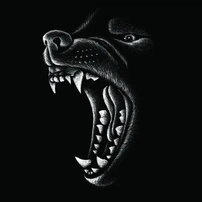 A high-contrast line drawing of a snarling creature with bared fangs and an open mouth, rendered in white lines against a black background.
