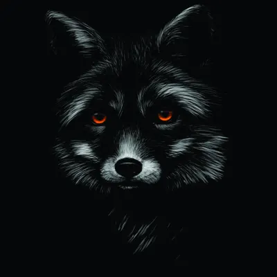 Illustration of a wolf's face with black and white fur and glowing red eyes against a black background.