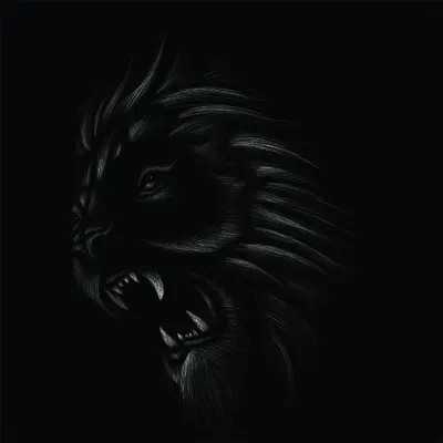 Monochrome sketch of a lion's head in profile against a black background, with fine line detail showing the mane and facial features.