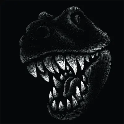 Black and white line art drawing of a creature skull with prominent sharp teeth, rendered in detailed cross-hatching against a dark background.
