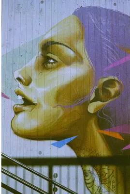 A photographic print of street art depicting a woman's profile in golden tones with purple and blue accents on a white brick wall.