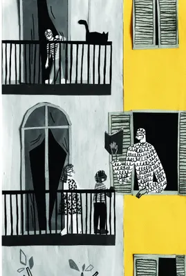 Black and white illustration of a spotted leopard perched on a yellow building balcony with people watching from surrounding windows.