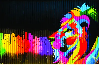 A stylised portrait in vibrant neon colours rendered in pop art style against a dark vertically-striped background.