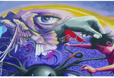Street art mural featuring a large eye with purple wings, surrounded by abstract shapes and colourful lettering in purple, yellow, blue and pink.