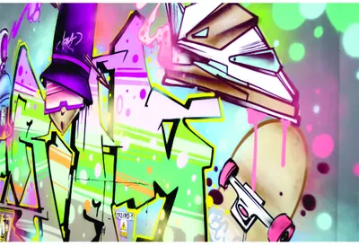 Abstract neon graffiti tags in hot pink, lime green and yellow with overlapping paint splatters and black line work against a soft bokeh background.