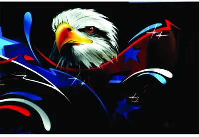 A bald eagle's head in profile with bold blue and red abstract brushstrokes sweeping across a black background.