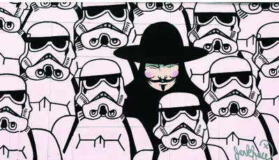 Street art canvas showing a silhouetted figure wearing a black fedora and moustache standing amid rows of stormtrooper helmet outlines on a pink background.