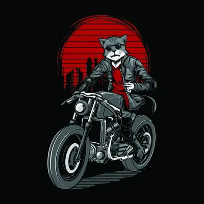 A cartoon cat wearing a leather jacket sits on a cruiser motorcycle with a red setting sun and city silhouette in the background.