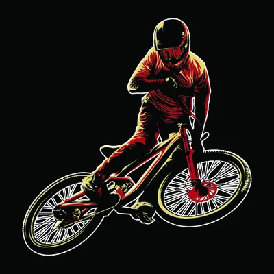 A mountain biker in a red shirt and helmet rides a gold and white outlined bicycle against a black background, rendered in glowing neon lines.