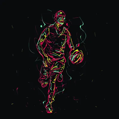 A basketball player mid-stride rendered in bright neon pink, yellow, and green line art against a black background.