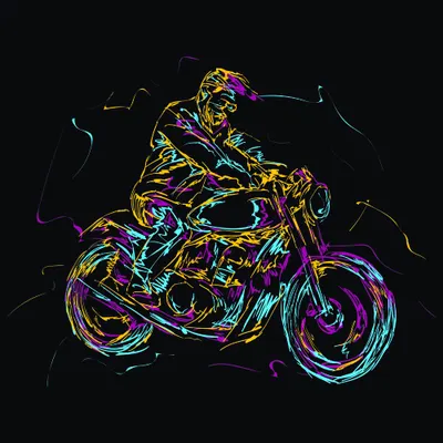 A neon-coloured line drawing of a motorcycle rider leaning into a turn, with glowing yellow, cyan and purple outlines on a black background.