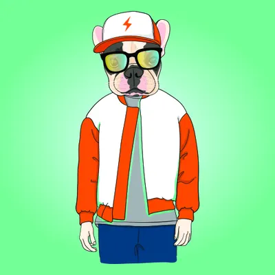 Cartoon illustration of a French bulldog wearing yellow-tinted sunglasses, an orange and white jacket, and a white cap with a red lightning bolt on a bright green background.