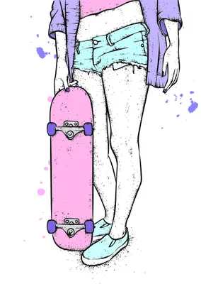 Line drawing of a teenager in denim shorts and purple jacket, holding a pink skateboard with purple wheels.
