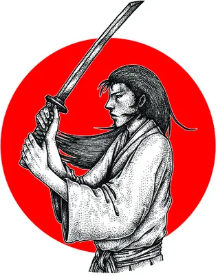 Black line-art illustration of a figure in traditional clothing holding an upright sword, positioned against a solid red circular background.