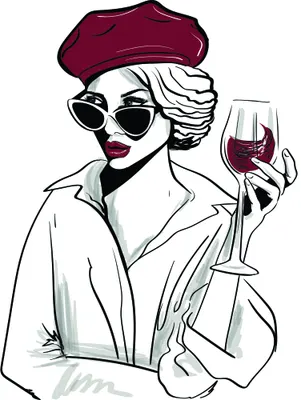 Line drawing of a stylish woman wearing a burgundy beret and sunglasses, holding a wine glass with burgundy-coloured wine inside.