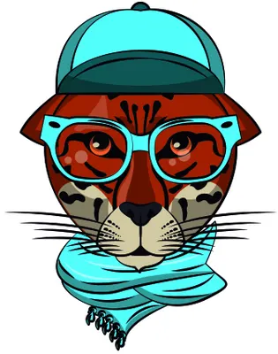 An illustrated cat with reddish-brown fur wearing turquoise sunglasses, a turquoise baseball cap, and a turquoise scarf around its neck.