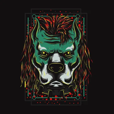 A neon-coloured dog's head with green face, white markings, and flaming orange mane on a black background with geometric red details around the border.