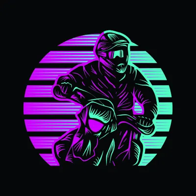 Two futuristic figures with helmets and protective gear silhouetted in neon magenta and cyan against horizontal line effects on a black background.