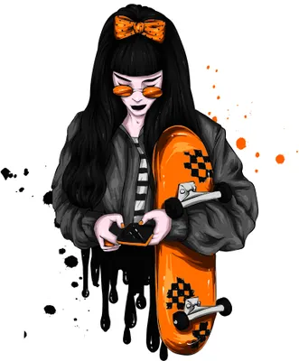 Illustration of a girl with long black hair wearing an orange bow and mask, holding an orange and black skateboard, with paint splashes around her.