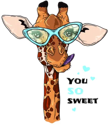 A cartoon giraffe wearing oversized heart-shaped sunglasses with 'you so sweet' written beside it in black and teal text.