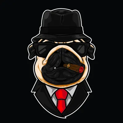 A cartoon pug wearing a black fedora hat, dark sunglasses, and a black suit with red tie, smoking a cigar against a black background.