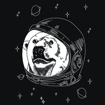 A line art illustration of a dog's face inside a space helmet, surrounded by stars and planets on a black background.