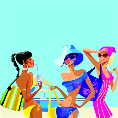 Three stylish women in bright summer clothes and accessories stand together on a beach against a turquoise sky, one holding a colourful beach bag and drink.