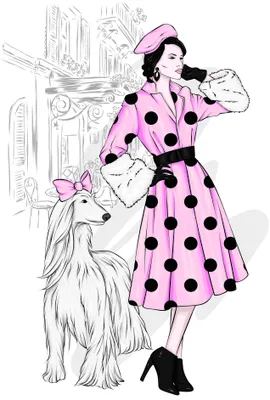 Illustration of a stylishly dressed woman in a pink polka dot coat with a black and white dog, standing in front of a sketched city building.