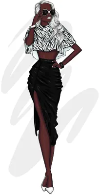 Illustration of a tall figure wearing a black and white zebra-print short-sleeve top, burgundy wraparound skirt, and burgundy tights, posed confidently against a light background with abstract brushstrokes.