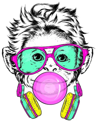 Illustration of a monkey wearing oversized hot-pink sunglasses and matching headphones, blowing a large pink bubble, in pop art style with neon accents.
