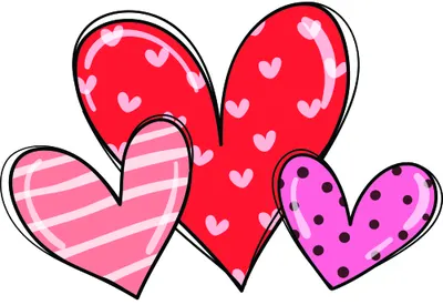 Three outlined hearts filled with red, light pink, and purple, each decorated with white hearts, horizontal stripes, or polka dots respectively.