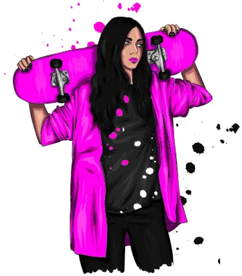A illustrated portrait of a woman with long black hair wearing a magenta jacket and holding a magenta skateboard, with black and white paint splatters scattered around her.