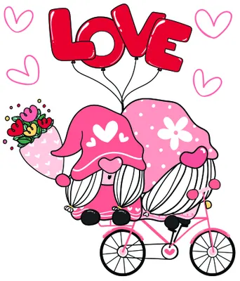 Illustration of two pink gnomes with white beards sitting on a tandem bicycle, holding a bunch of red LOVE balloons above their heads, with hearts floating around them.