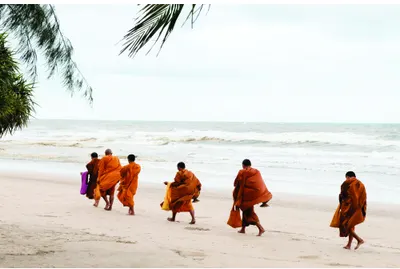 Photograph of five Buddhist monks in saffron robes walking barefoot along a sandy beach with gentle waves and palm trees overhead.