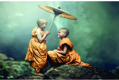 Two young Buddhist monks in golden robes sit on a mossy rock beneath a stormy green sky, one holding a woven paper umbrella over them both.