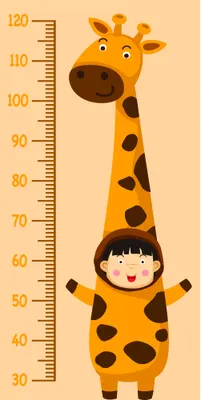 A smiling child wearing a yellow giraffe costume sits inside the giraffe's belly as it stands next to a height measurement scale marked from 30 to 120 centimetres.