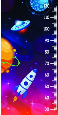 A height measurement chart featuring a bright red rocket launching upward, glowing planets, and stars against a gradient background of blue, purple, and pink.