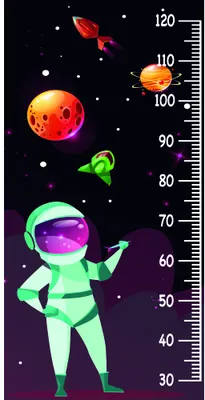 A neon green astronaut in a space suit stands pointing upward, with a measurement scale running alongside, surrounded by a red planet with spots, orange sun, green rocket, and white stars on a black background.