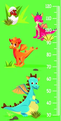 A bright green height chart marked in centimetres from 30 to 120, decorated with illustrated colourful fantastical creatures including a blue dragon, pink spiky porcupine, orange striped cat, and red spotted ladybird among grass and flowers.