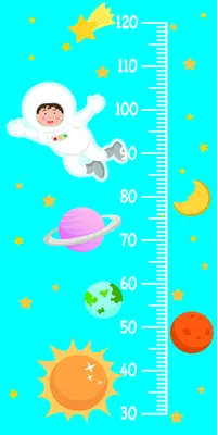 A height chart featuring a cartoon astronaut floating among planets and stars, with measurement markings from 30 to 120 centimetres on a turquoise background.