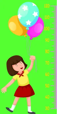 A cartoon-style illustration shows a smiling girl in a yellow shirt and red skirt with her arm raised, reaching toward three floating balloons in yellow, blue and pink against a bright green background with a height measurement scale on the right side.
