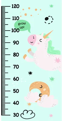 A pastel-coloured height chart with a smiling pig at the top, an elephant in the middle, and a cloud at the bottom, decorated with stars and playful details on a light blue background.