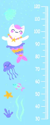 A pastel-coloured height chart from 30 to 120 centimetres featuring a smiling mermaid with pink tail, purple jellyfish, orange starfish, and swaying seaweed on a light blue background.