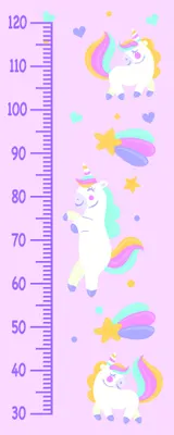 A vertical height measurement chart from 30 to 120 centimetres featuring illustrated unicorns with rainbow manes, stars, hearts and clouds on a pink background.