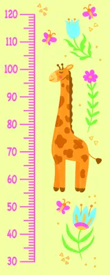 A tall orange giraffe with brown spots stands next to a pink measurement scale from 30 to 120 centimetres, surrounded by colourful pink and purple flowers with green stems on a pale yellow background.