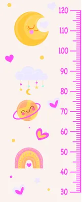 A vertical height chart decorated with a smiling yellow moon at the top, stars, a sleeping cloud, a happy Saturn planet, and a pastel rainbow at the bottom, with measurement markings from 30 to 120 centimetres along the right edge.