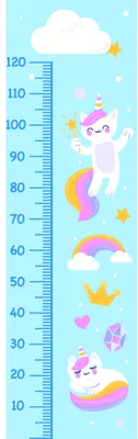 A pastel-coloured height chart showing a smiling unicorn with a rainbow tail surrounded by clouds, stars, and a rainbow, marked with measurements from 10 to 120 centimetres.
