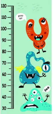 A height measurement chart featuring three stacked cartoon monsters in orange, blue, and green with exaggerated teeth and eyes, marked with measurements from 30 to 120 centimetres.