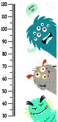 A height measurement chart featuring three cartoon monsters in teal, grey, and green, arranged vertically alongside a ruler marked from 30 to 120 centimetres.