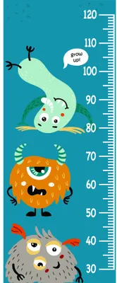 A vertical growth chart featuring four stacked cartoon monsters in teal, orange, grey and green against a teal background, with measurement markings from 50 to 120 centimetres on the right side.